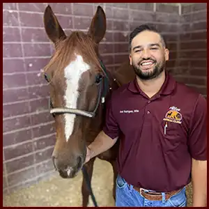 Dr Joel Rodriguez DVM posing with horse at Allen Animal Clinic Allen Texas